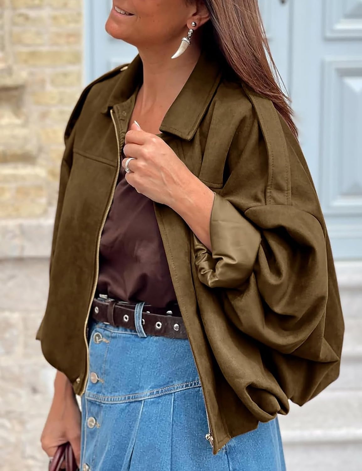 image:imageWomen Faux Suede Bomber Jacket Oversized Cropped Fall Winter CoatBrown