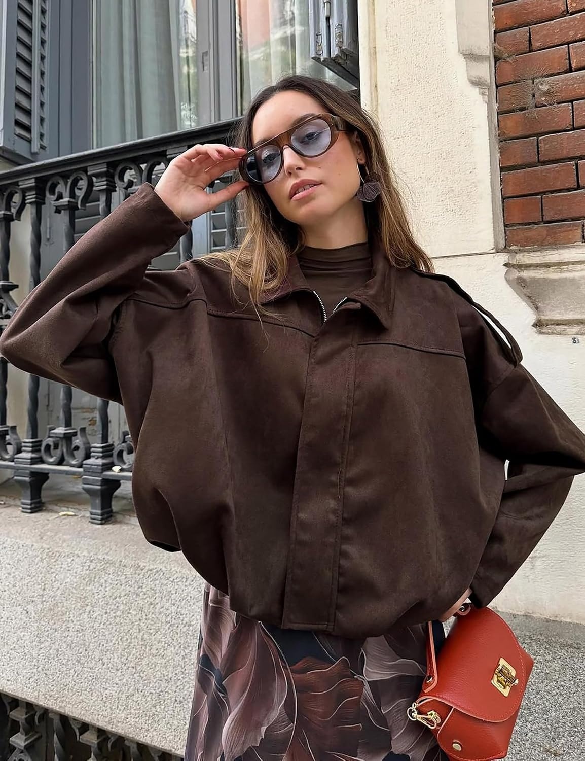 image:imageWomen Faux Suede Bomber Jacket Oversized Cropped Fall Winter CoatCoffee