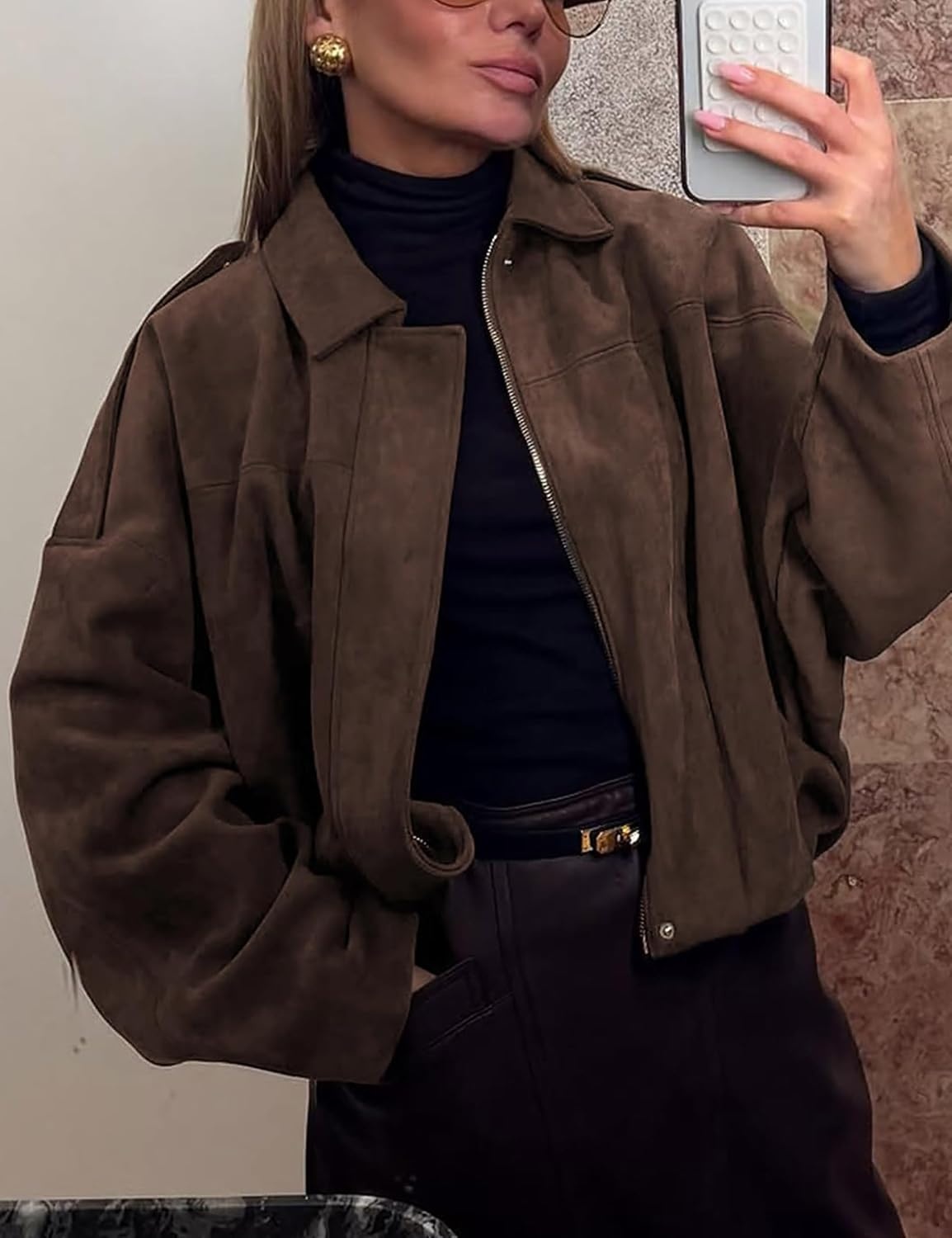 image:imageWomen Faux Suede Bomber Jacket Oversized Cropped Fall Winter CoatCoffee