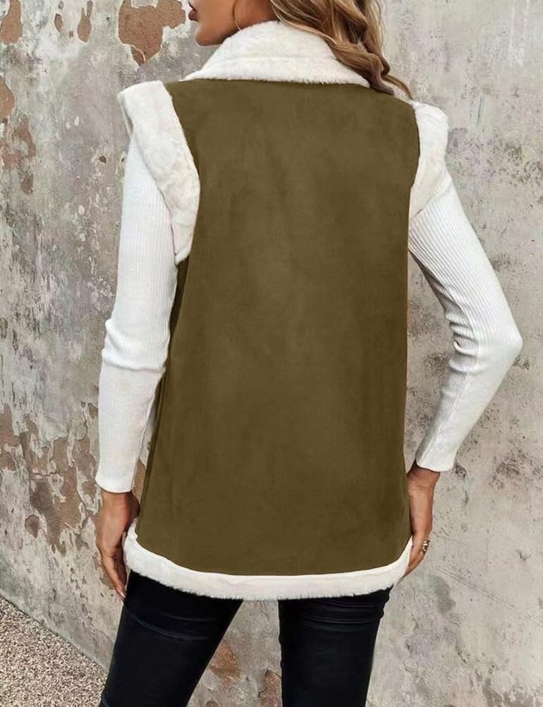image:imageWomen Sherpa Vest Fall Winter Faux Fur Suede Vest Jacket Warm CoatArmy