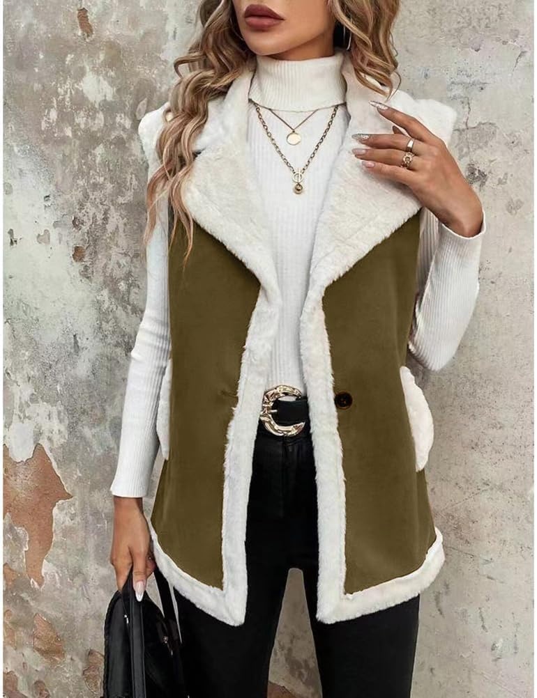 image:imageWomen Sherpa Vest Fall Winter Faux Fur Suede Vest Jacket Warm CoatArmy