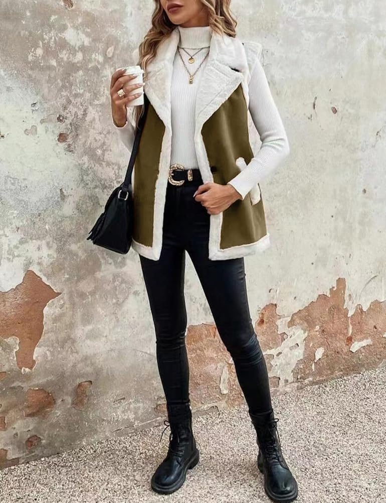 image:imageWomen Sherpa Vest Fall Winter Faux Fur Suede Vest Jacket Warm CoatArmy