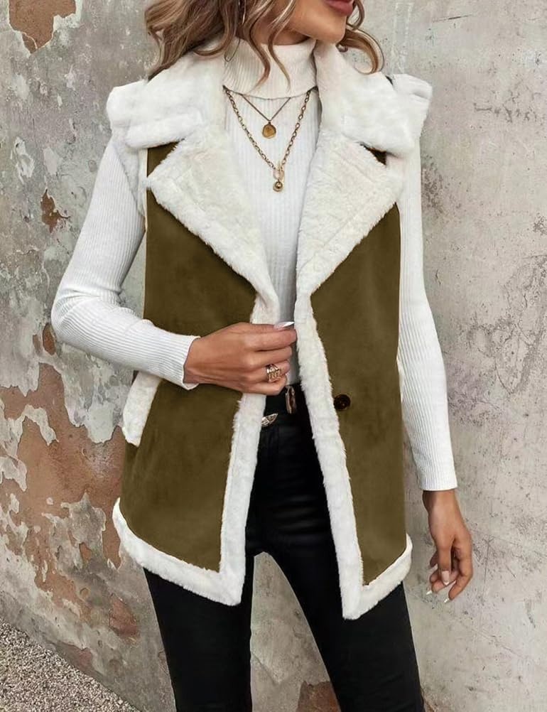 image:imageWomen Sherpa Vest Fall Winter Faux Fur Suede Vest Jacket Warm CoatArmy