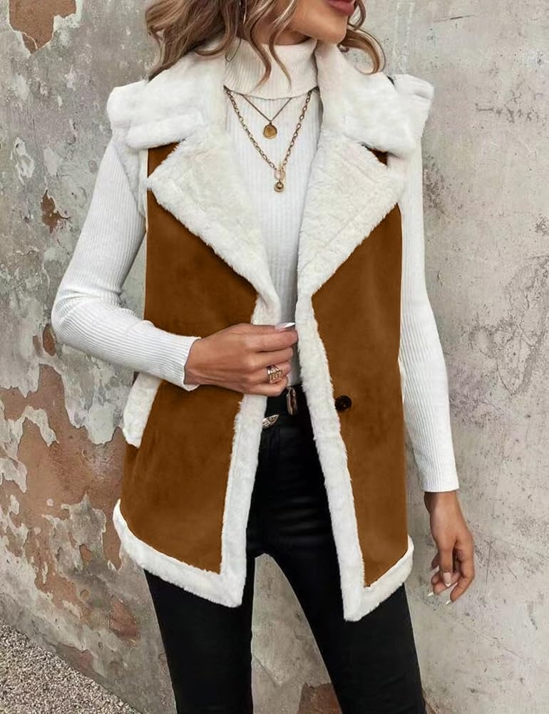 image:imageWomen Sherpa Vest Fall Winter Faux Fur Suede Vest Jacket Warm CoatBrown