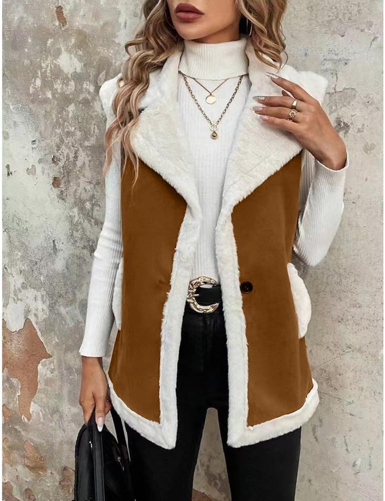 image:imageWomen Sherpa Vest Fall Winter Faux Fur Suede Vest Jacket Warm CoatBrown
