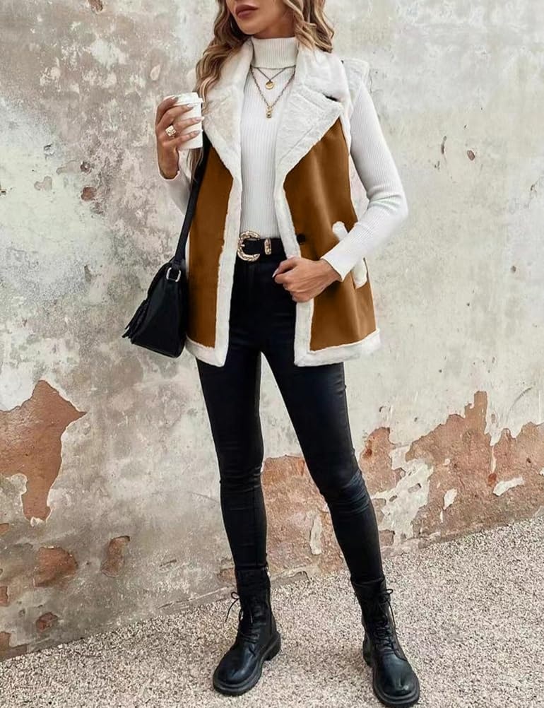 image:imageWomen Sherpa Vest Fall Winter Faux Fur Suede Vest Jacket Warm CoatBrown