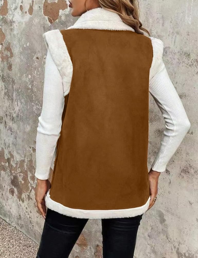 image:imageWomen Sherpa Vest Fall Winter Faux Fur Suede Vest Jacket Warm CoatBrown
