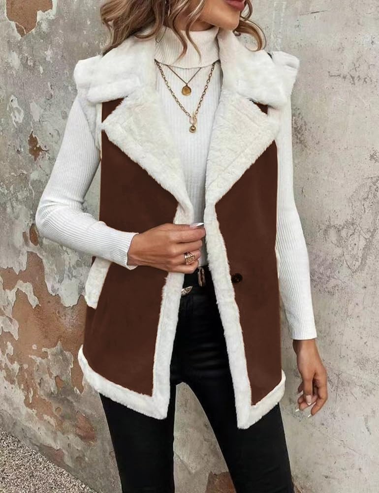 image:imageWomen Sherpa Vest Fall Winter Faux Fur Suede Vest Jacket Warm CoatCoffee