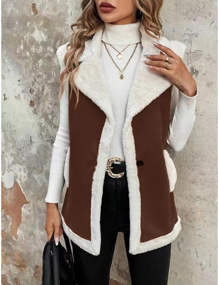 image:imageWomen Sherpa Vest Fall Winter Faux Fur Suede Vest Jacket Warm CoatCoffee