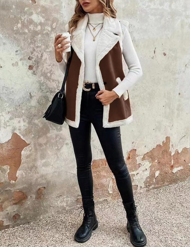 image:imageWomen Sherpa Vest Fall Winter Faux Fur Suede Vest Jacket Warm CoatCoffee