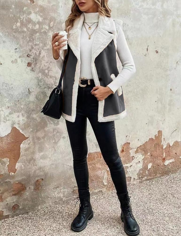 image:imageWomen Sherpa Vest Fall Winter Faux Fur Suede Vest Jacket Warm CoatDark Grey