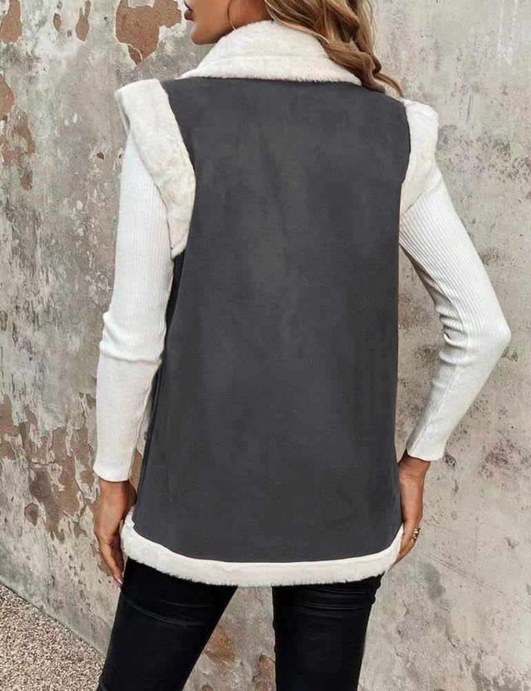 image:imageWomen Sherpa Vest Fall Winter Faux Fur Suede Vest Jacket Warm CoatDark Grey