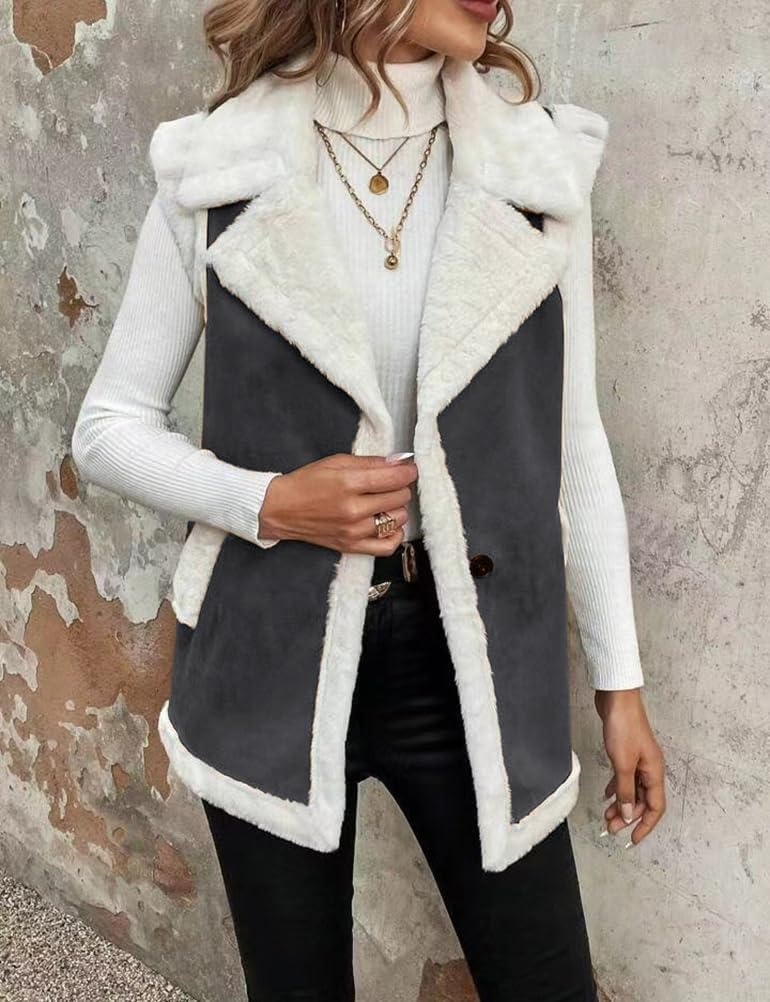 image:imageWomen Sherpa Vest Fall Winter Faux Fur Suede Vest Jacket Warm CoatDark Grey