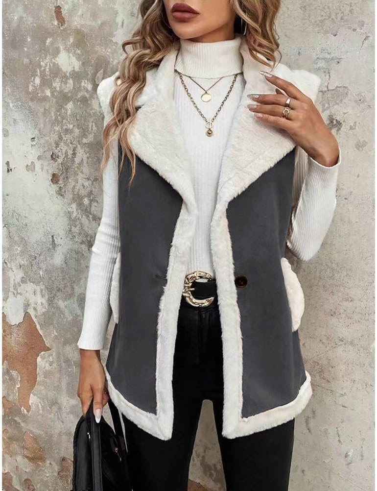 image:imageWomen Sherpa Vest Fall Winter Faux Fur Suede Vest Jacket Warm CoatDark Grey