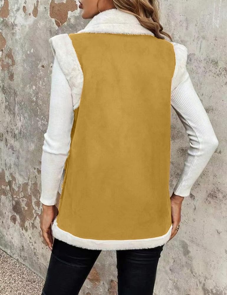 image:imageWomen Sherpa Vest Fall Winter Faux Fur Suede Vest Jacket Warm CoatMustard Yellow