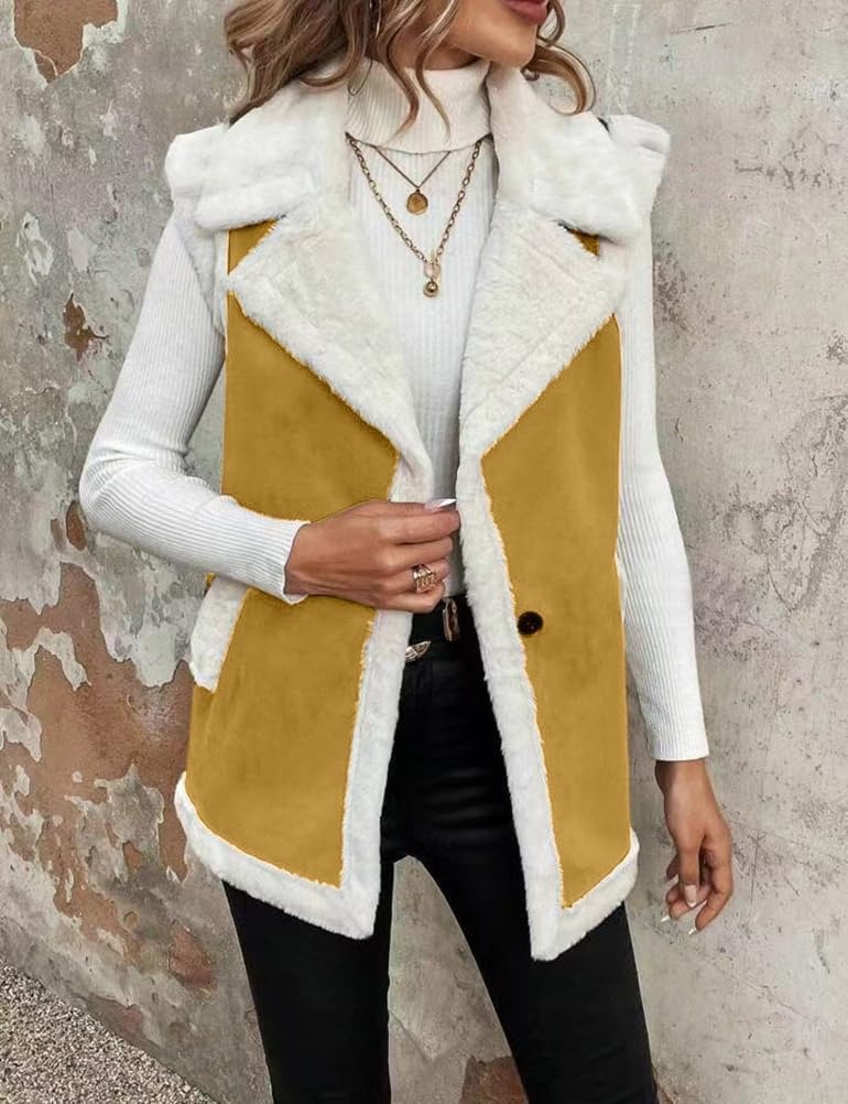 image:imageWomen Sherpa Vest Fall Winter Faux Fur Suede Vest Jacket Warm CoatMustard Yellow