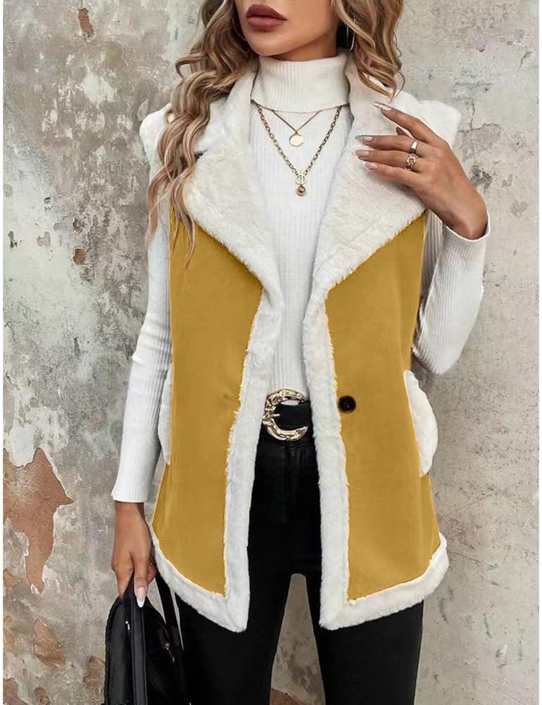 image:imageWomen Sherpa Vest Fall Winter Faux Fur Suede Vest Jacket Warm CoatMustard Yellow