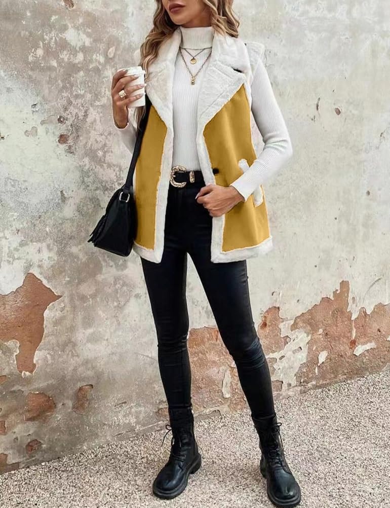 image:imageWomen Sherpa Vest Fall Winter Faux Fur Suede Vest Jacket Warm CoatMustard Yellow