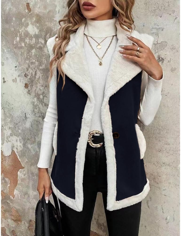 image:imageWomen Sherpa Vest Fall Winter Faux Fur Suede Vest Jacket Warm CoatNavy