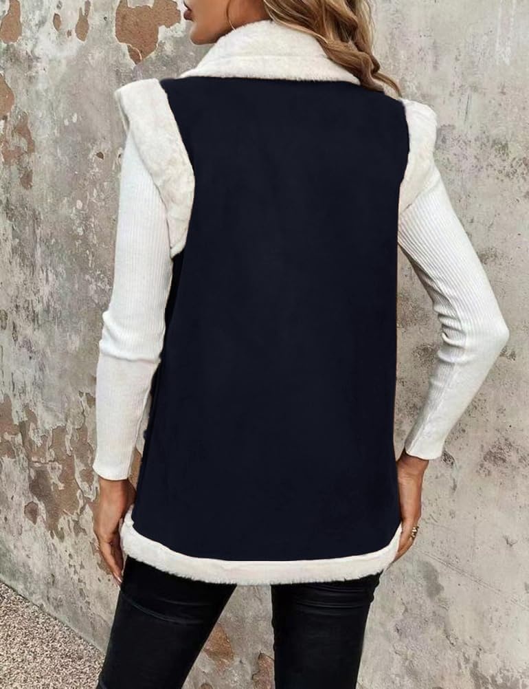 image:imageWomen Sherpa Vest Fall Winter Faux Fur Suede Vest Jacket Warm CoatNavy