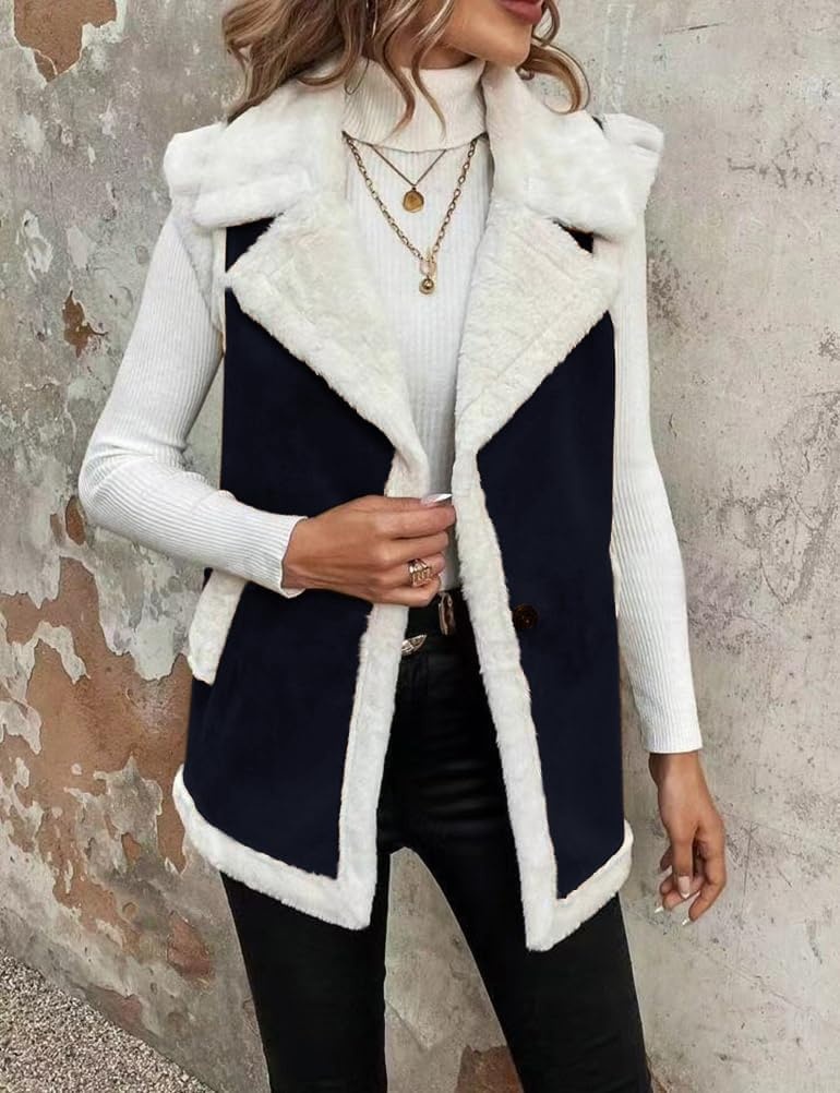 image:imageWomen Sherpa Vest Fall Winter Faux Fur Suede Vest Jacket Warm CoatNavy