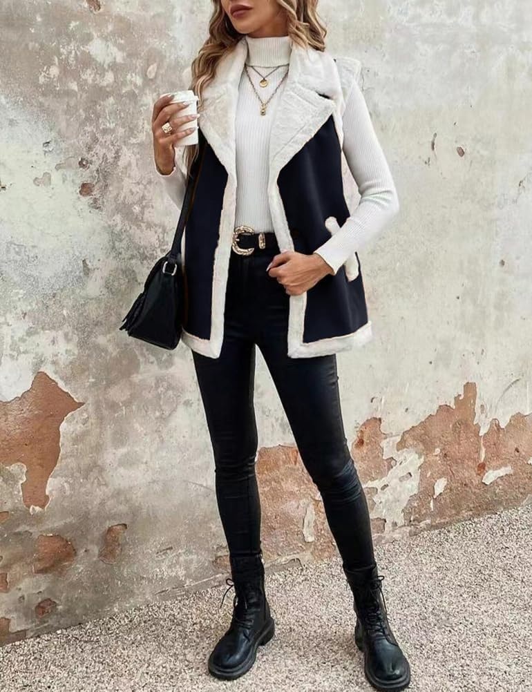 image:imageWomen Sherpa Vest Fall Winter Faux Fur Suede Vest Jacket Warm CoatNavy