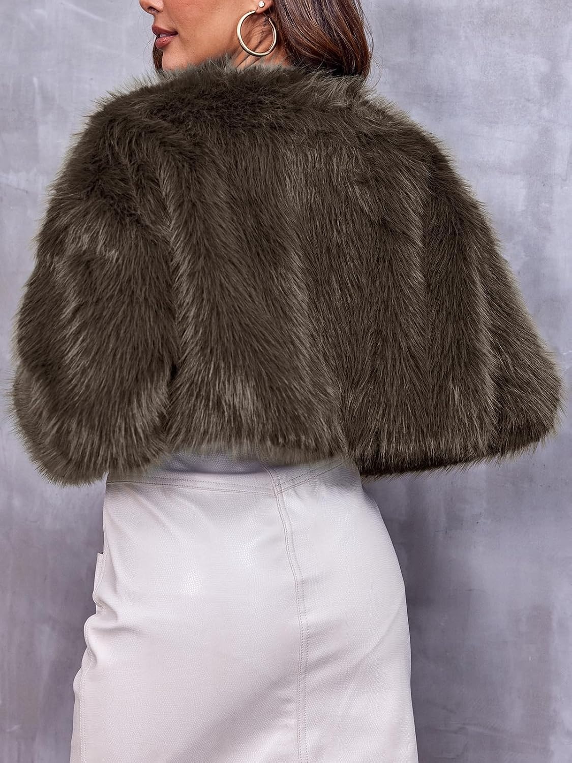 image:imageWomens Cropped Faux Fur Jacket Long Sleeve Fluffy Shaggy Short CoatDark Brown