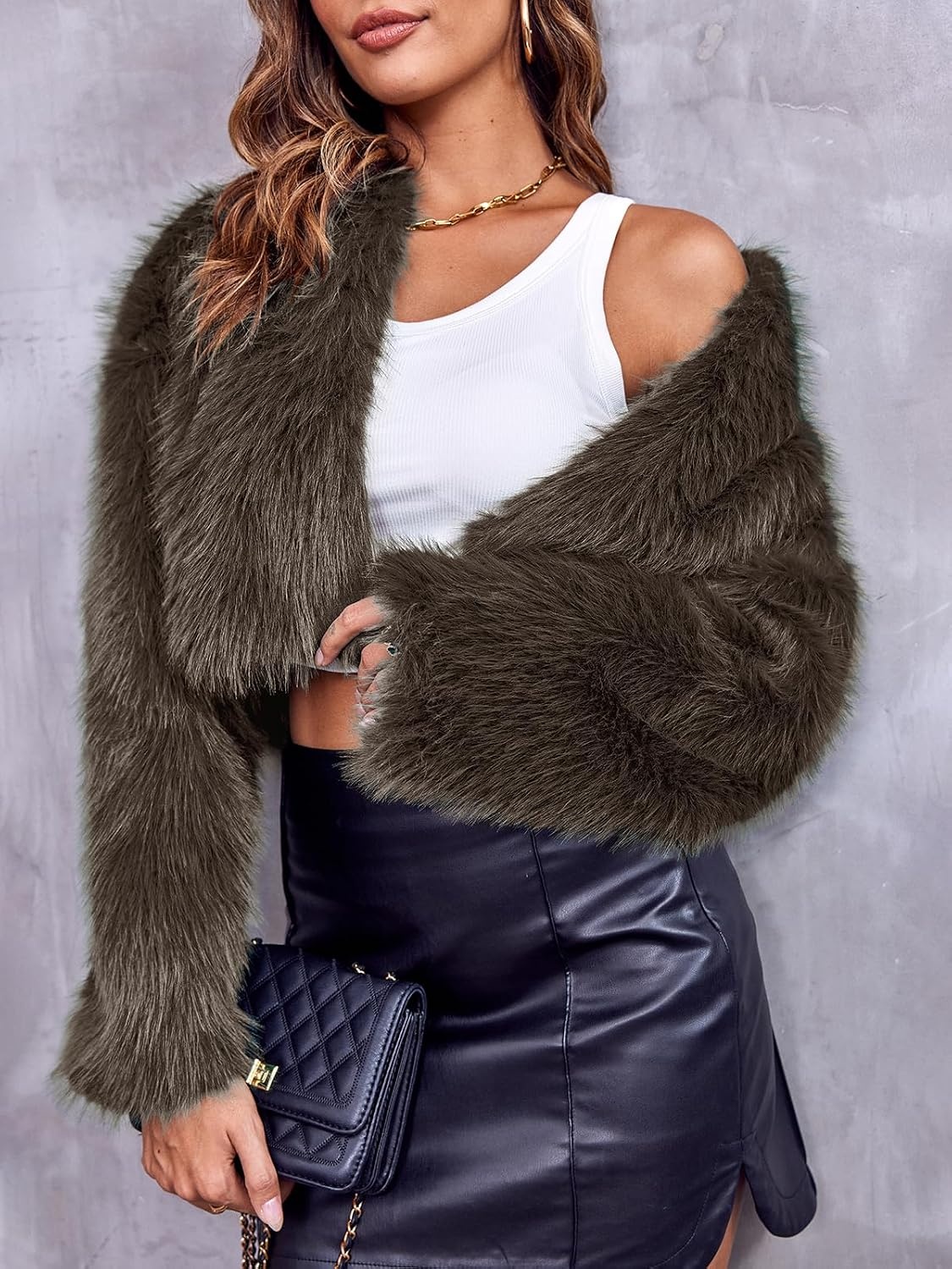 image:imageWomens Cropped Faux Fur Jacket Long Sleeve Fluffy Shaggy Short CoatDark Brown