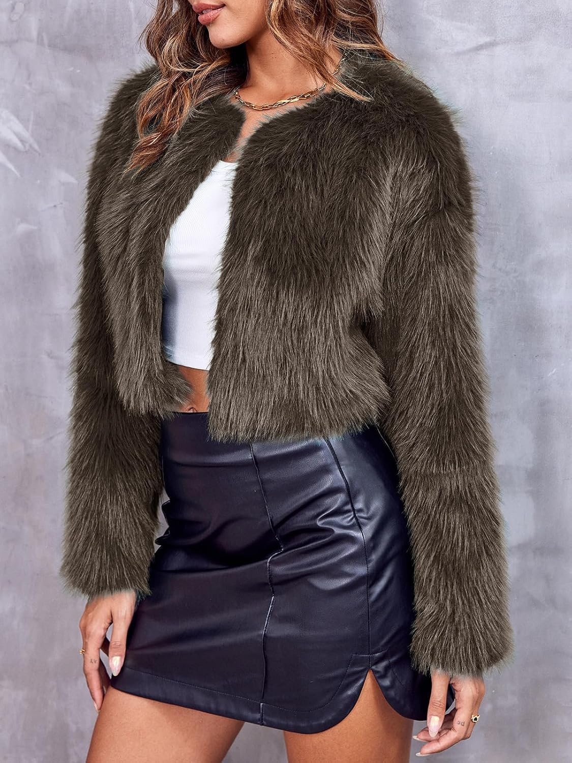 image:imageWomens Cropped Faux Fur Jacket Long Sleeve Fluffy Shaggy Short CoatDark Brown
