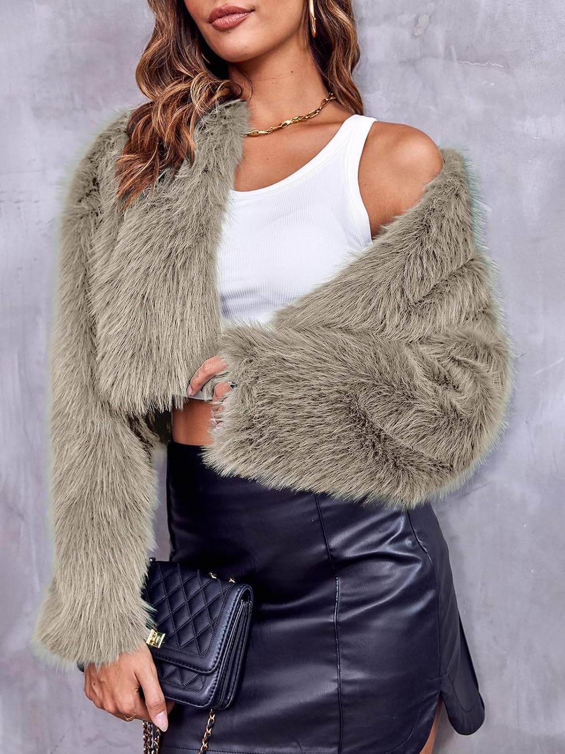 image:imageWomens Cropped Faux Fur Jacket Long Sleeve Fluffy Shaggy Short CoatDark Khaki