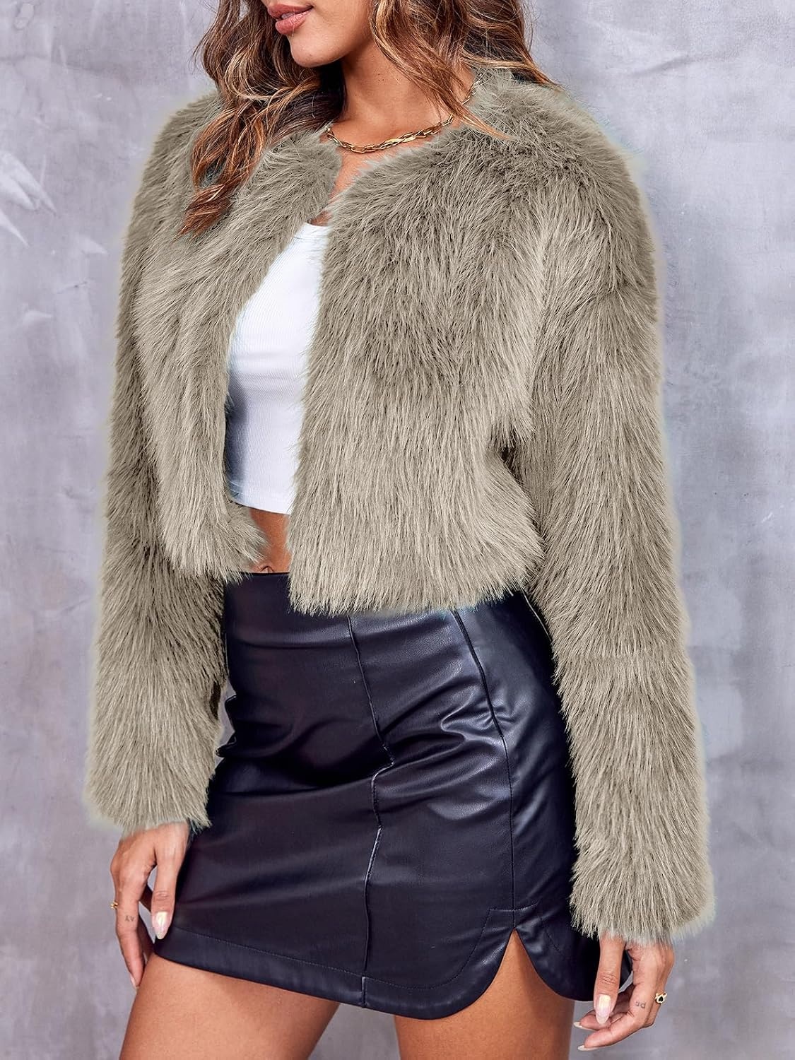 image:imageWomens Cropped Faux Fur Jacket Long Sleeve Fluffy Shaggy Short CoatDark Khaki