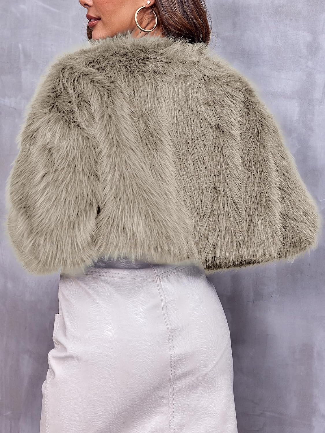 image:imageWomens Cropped Faux Fur Jacket Long Sleeve Fluffy Shaggy Short CoatDark Khaki