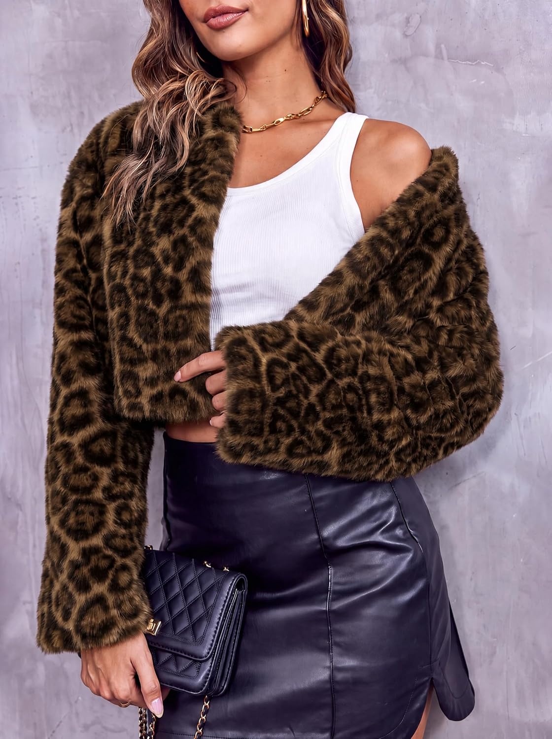 image:imageWomens Cropped Faux Fur Jacket Long Sleeve Fluffy Shaggy Short CoatZ Leopard Dark Brown