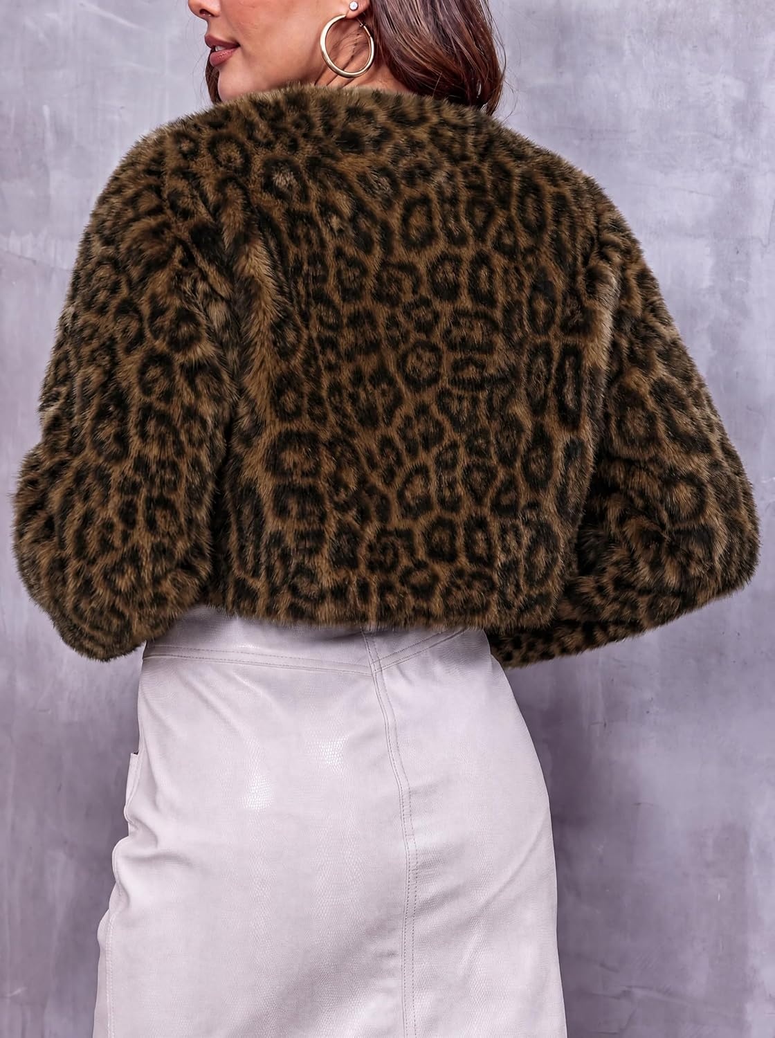 image:imageWomens Cropped Faux Fur Jacket Long Sleeve Fluffy Shaggy Short CoatZ Leopard Dark Brown