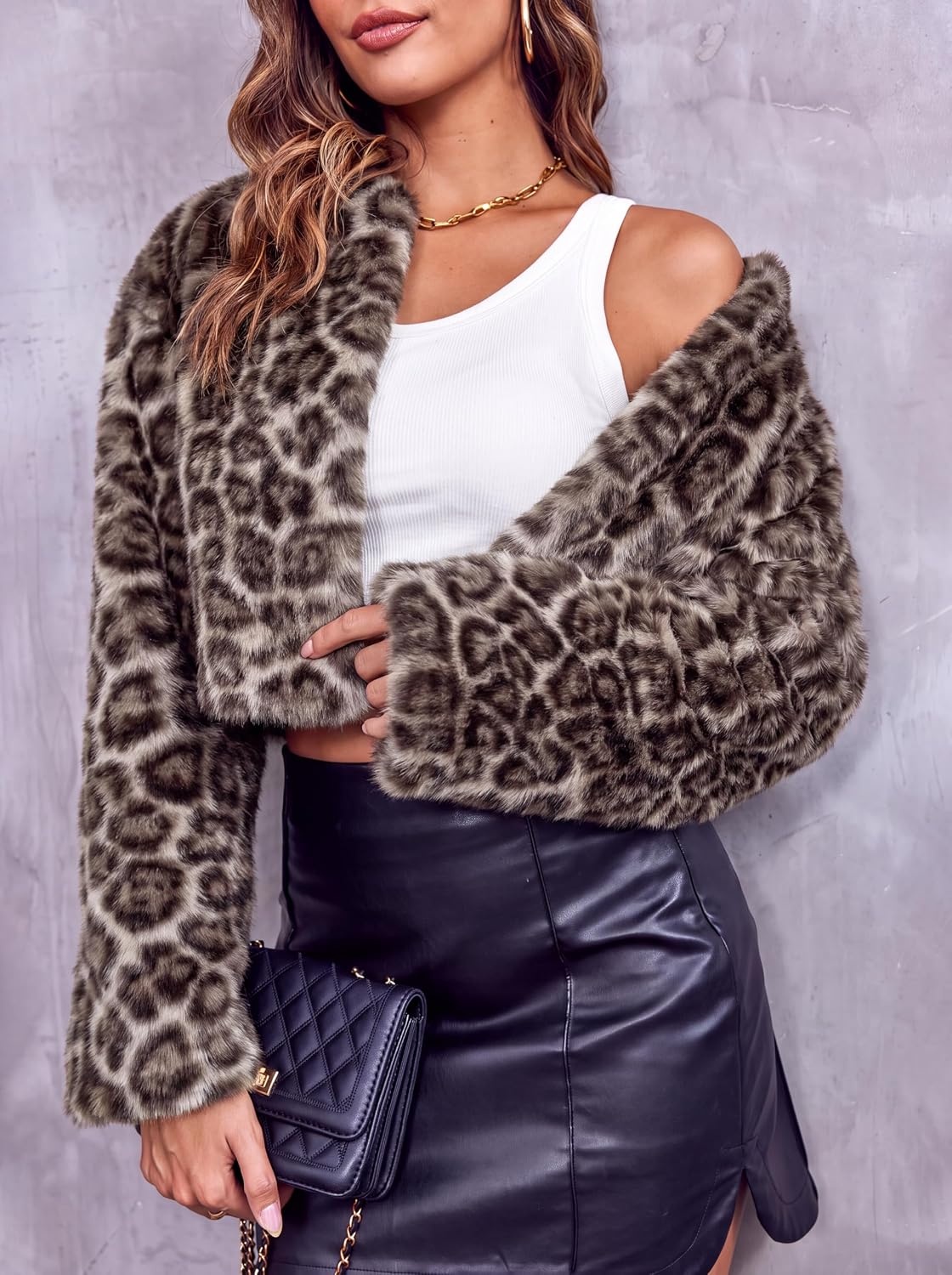 image:imageWomens Cropped Faux Fur Jacket Long Sleeve Fluffy Shaggy Short CoatZ Leopard Grey