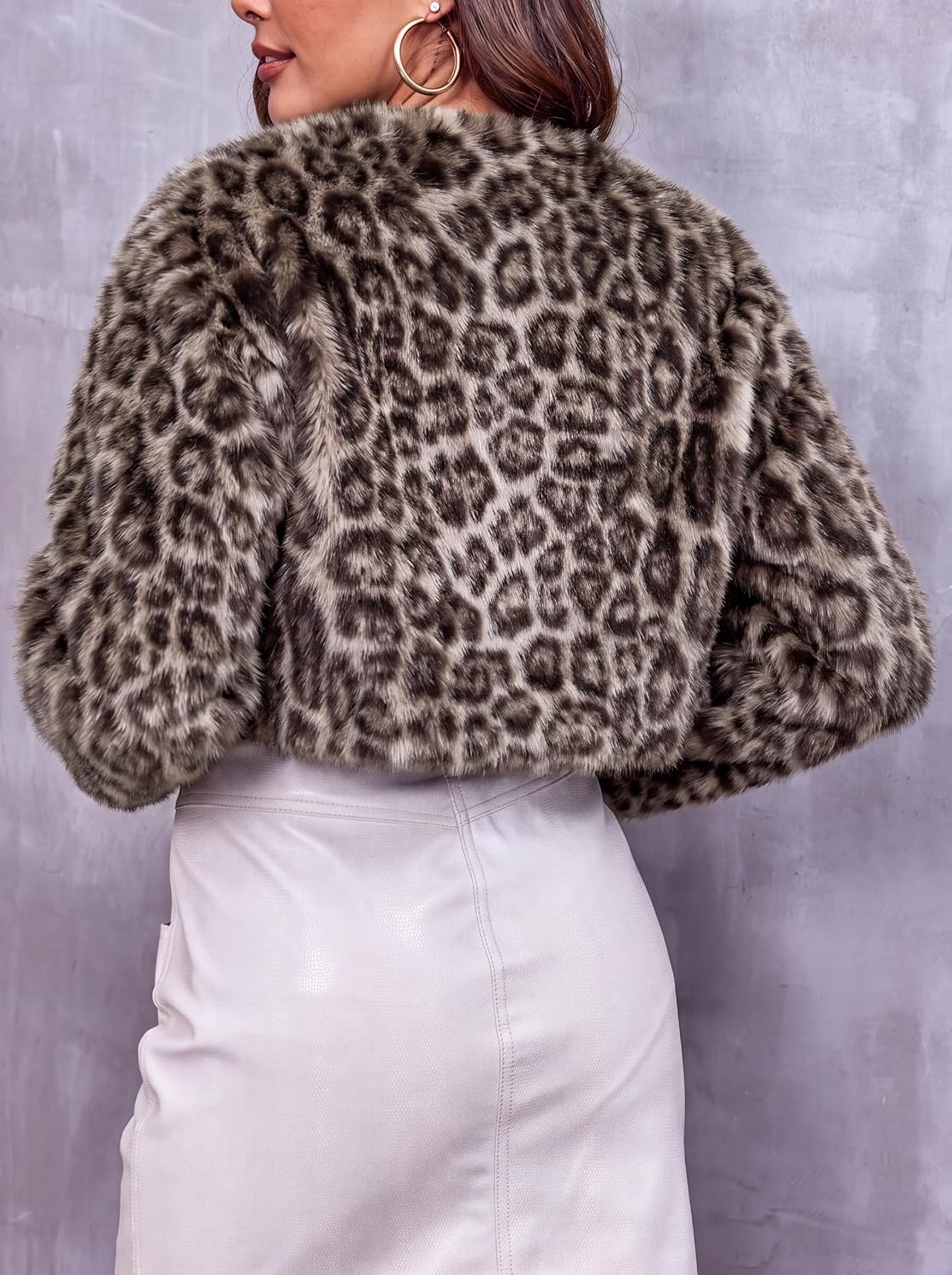 image:imageWomens Cropped Faux Fur Jacket Long Sleeve Fluffy Shaggy Short CoatZ Leopard Grey