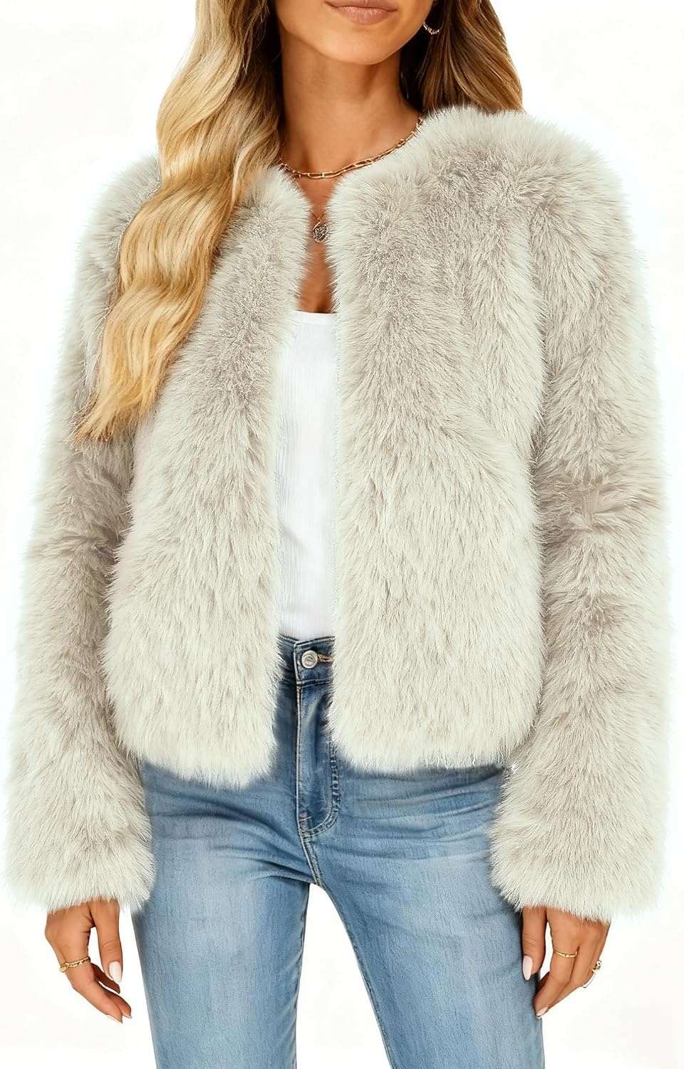image:imageWomens Faux Fur Coat Winter Warm Cropped Jacket Trendy Long Sleeve Crew Neck Zip Up OuterwearBeige