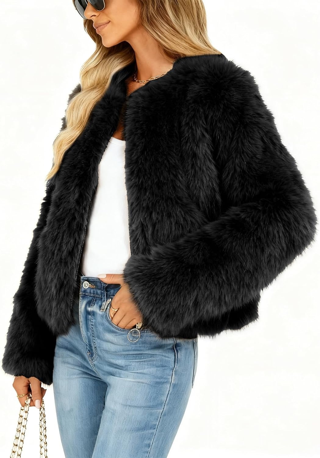 image:imageWomens Faux Fur Coat Winter Warm Cropped Jacket Trendy Long Sleeve Crew Neck Zip Up OuterwearBlack