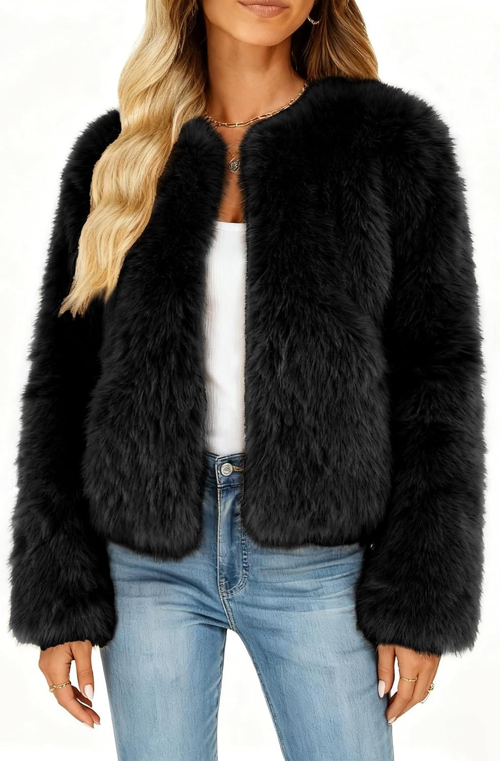 image:imageWomens Faux Fur Coat Winter Warm Cropped Jacket Trendy Long Sleeve Crew Neck Zip Up OuterwearBlack