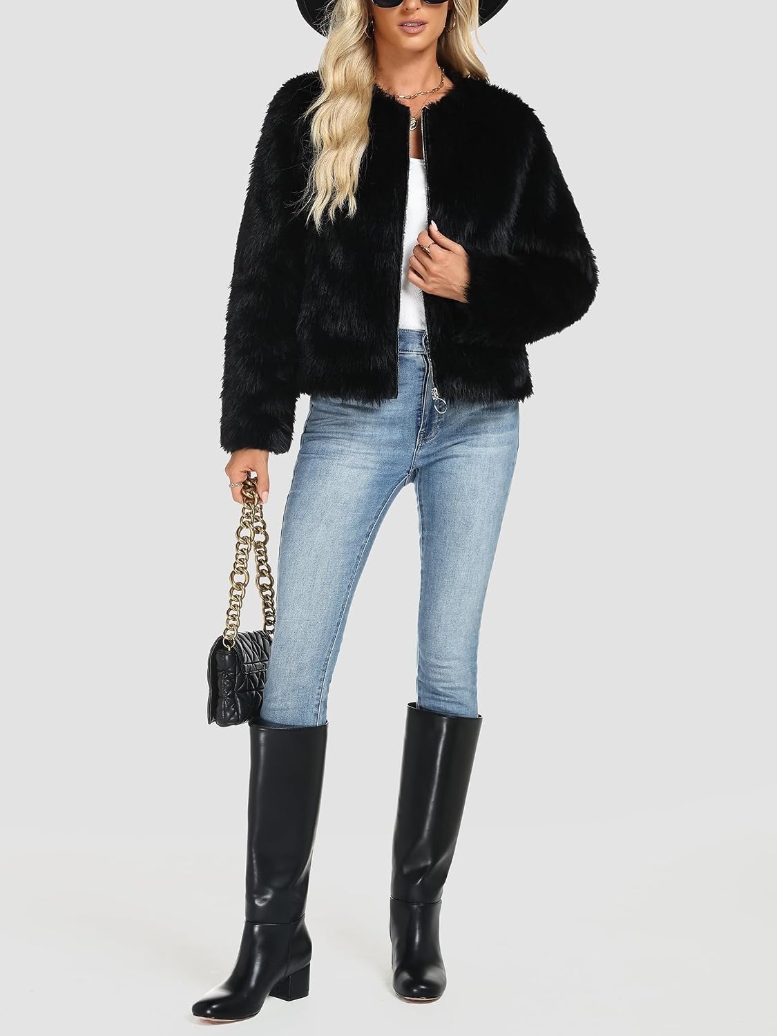 image:imageWomens Faux Fur Coat Winter Warm Cropped Jacket Trendy Long Sleeve Crew Neck Zip Up OuterwearBlack