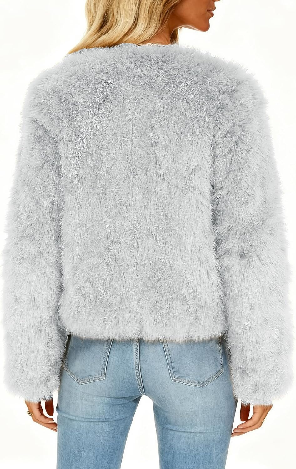 image:imageWomens Faux Fur Coat Winter Warm Cropped Jacket Trendy Long Sleeve Crew Neck Zip Up OuterwearGrey