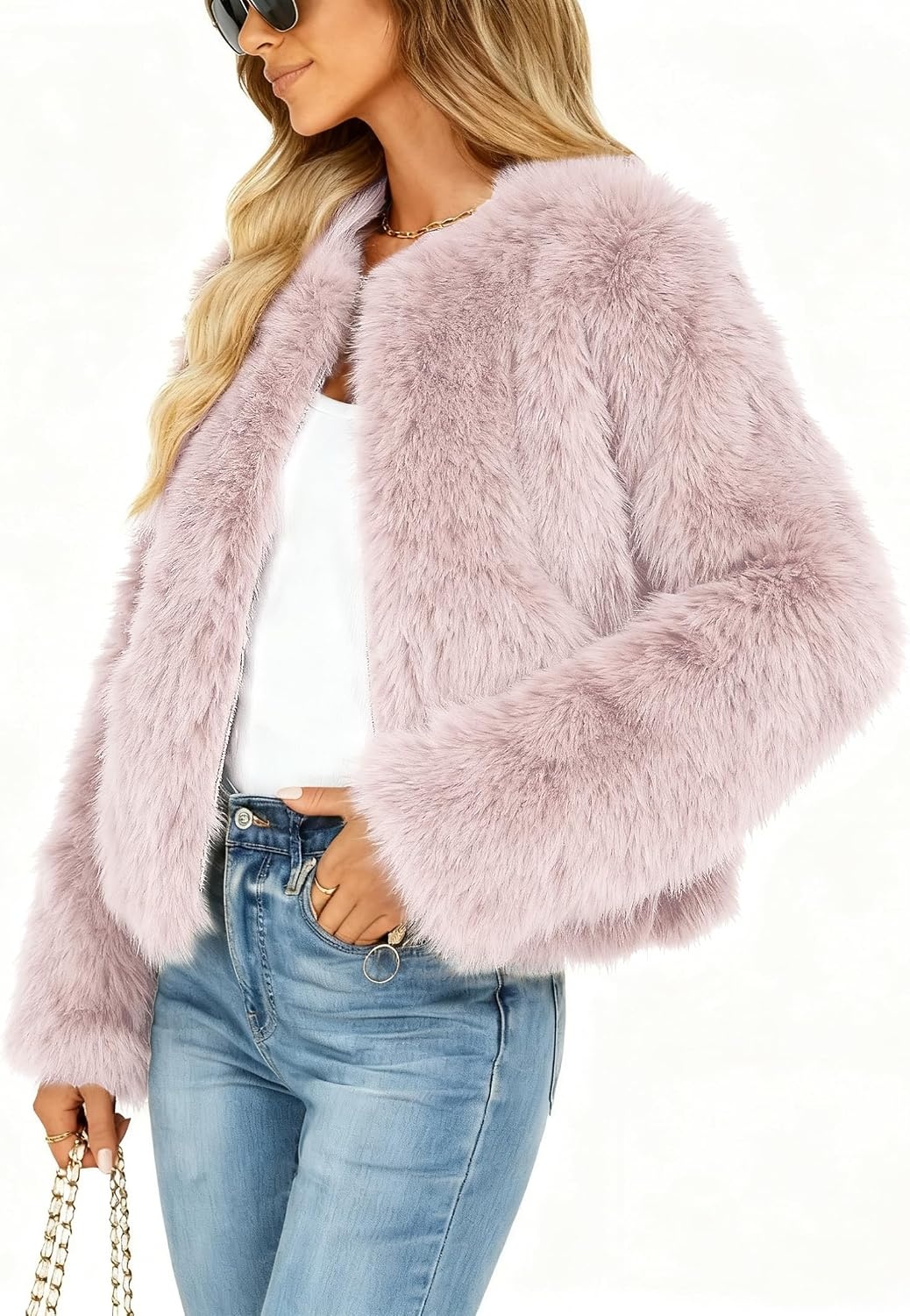 image:imageWomens Faux Fur Coat Winter Warm Cropped Jacket Trendy Long Sleeve Crew Neck Zip Up OuterwearPink