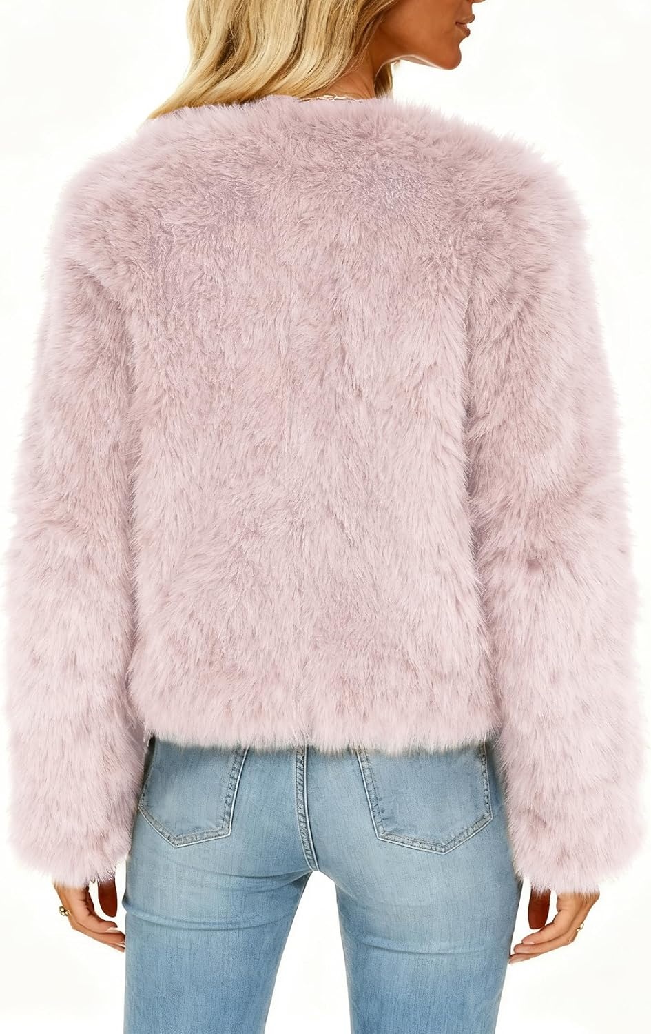 image:imageWomens Faux Fur Coat Winter Warm Cropped Jacket Trendy Long Sleeve Crew Neck Zip Up OuterwearPink