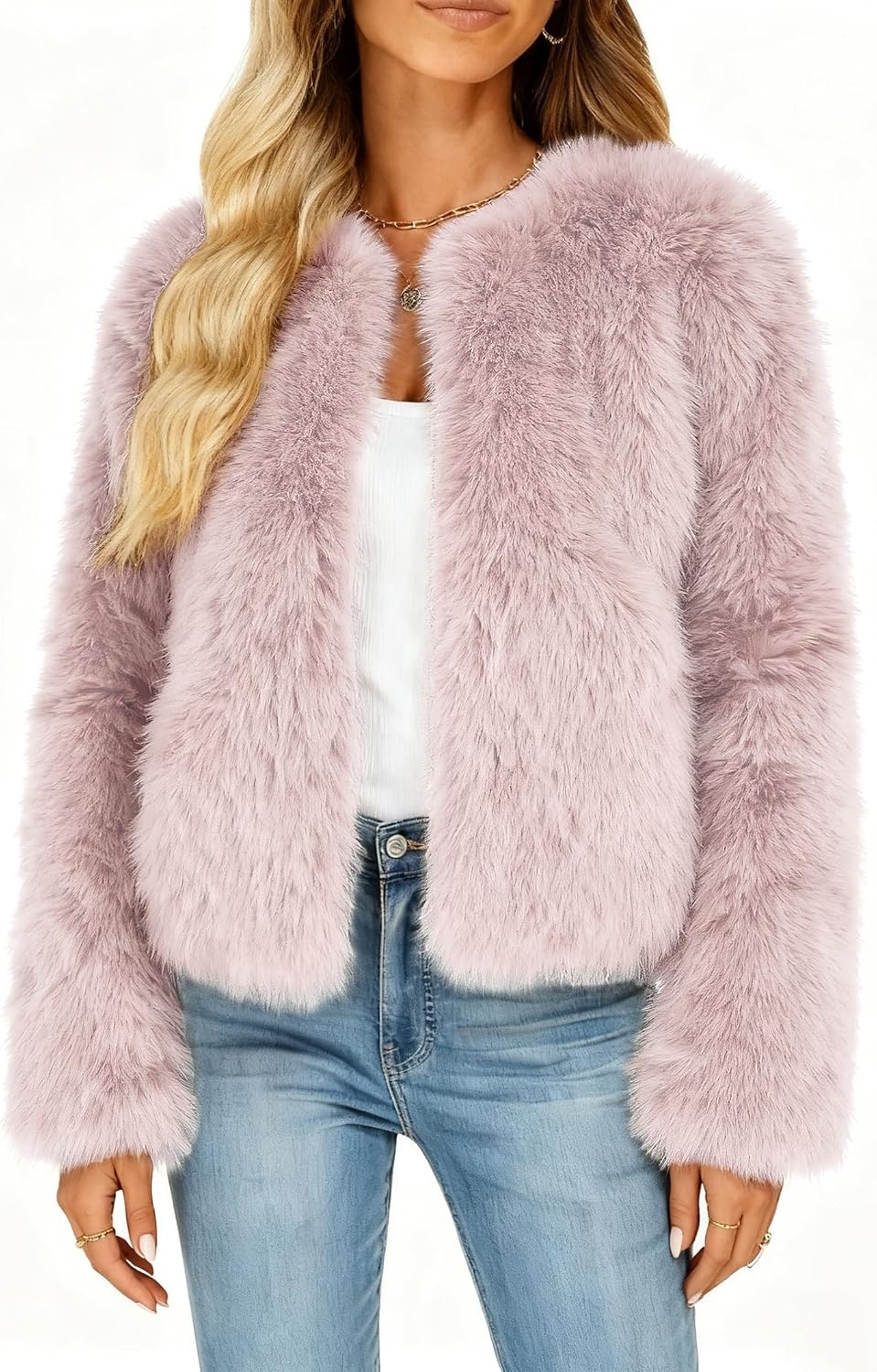 image:imageWomens Faux Fur Coat Winter Warm Cropped Jacket Trendy Long Sleeve Crew Neck Zip Up OuterwearPink