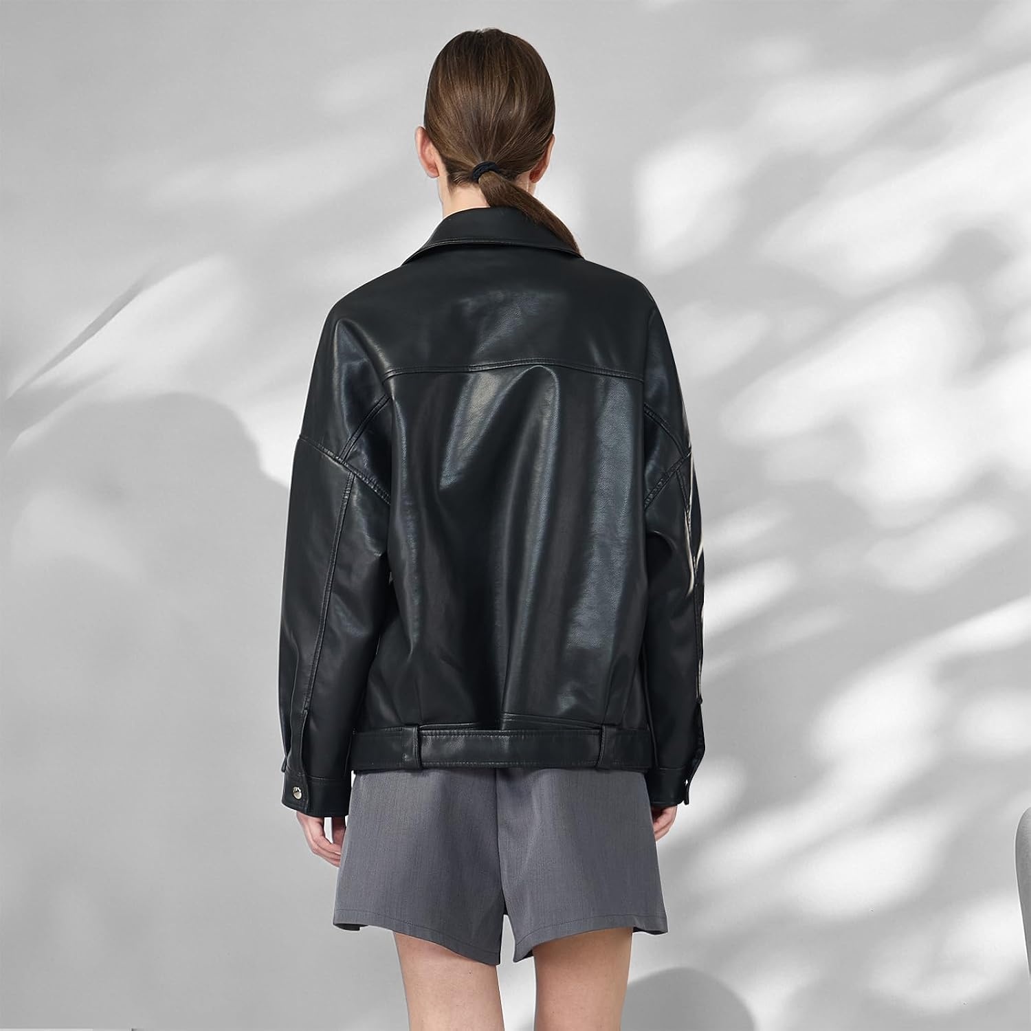 image:imageWomens Faux Leather Jacket Cropped Motorcycle Jacket with BeltsBlack