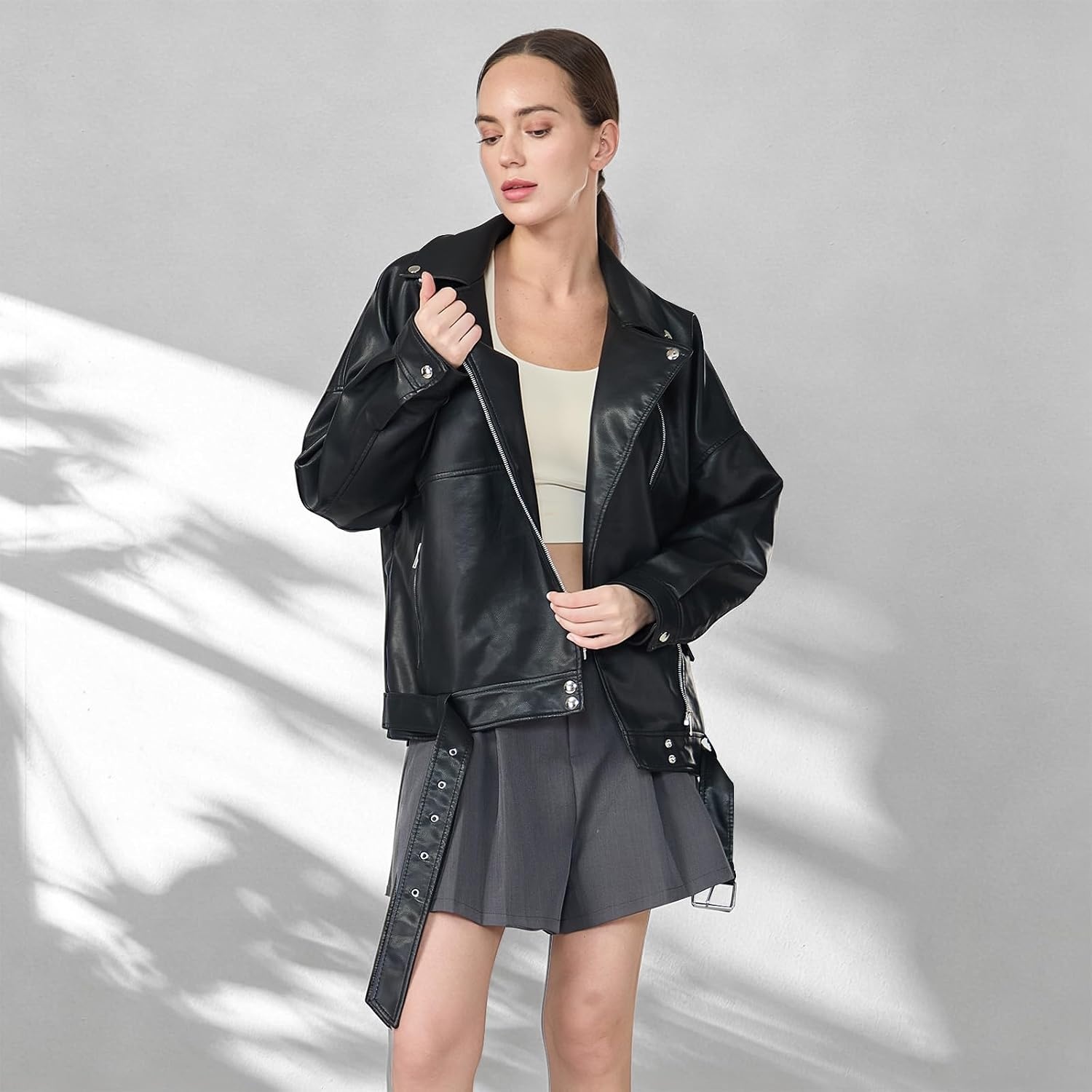 image:imageWomens Faux Leather Jacket Cropped Motorcycle Jacket with BeltsBlack