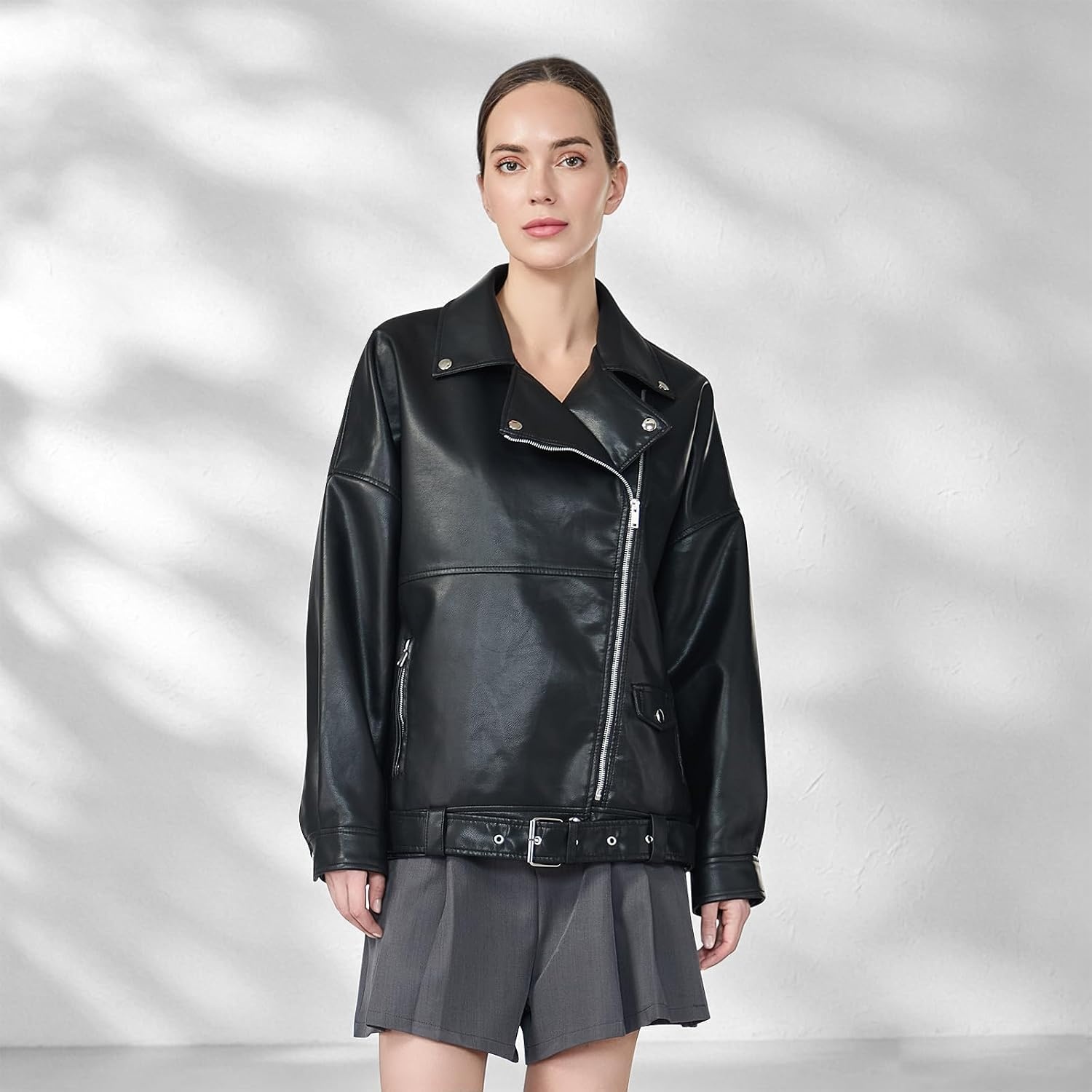 image:imageWomens Faux Leather Jacket Cropped Motorcycle Jacket with BeltsBlack