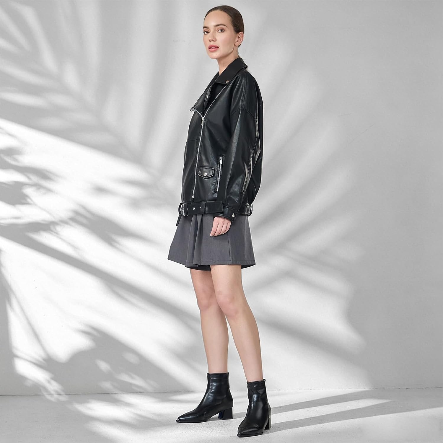 image:imageWomens Faux Leather Jacket Cropped Motorcycle Jacket with BeltsBlack