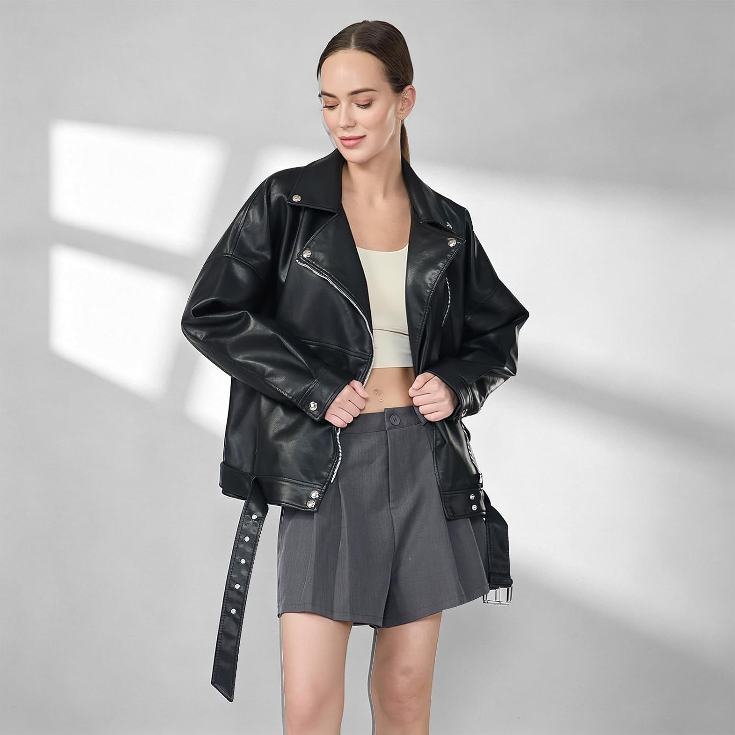 image:imageWomens Faux Leather Jacket Cropped Motorcycle Jacket with BeltsBlack