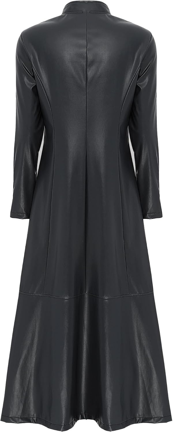image:imageWomens Faux Leather Jacket Trench Coat Fashion Long Sleeves Full Zipper Ankle Length DressBlack